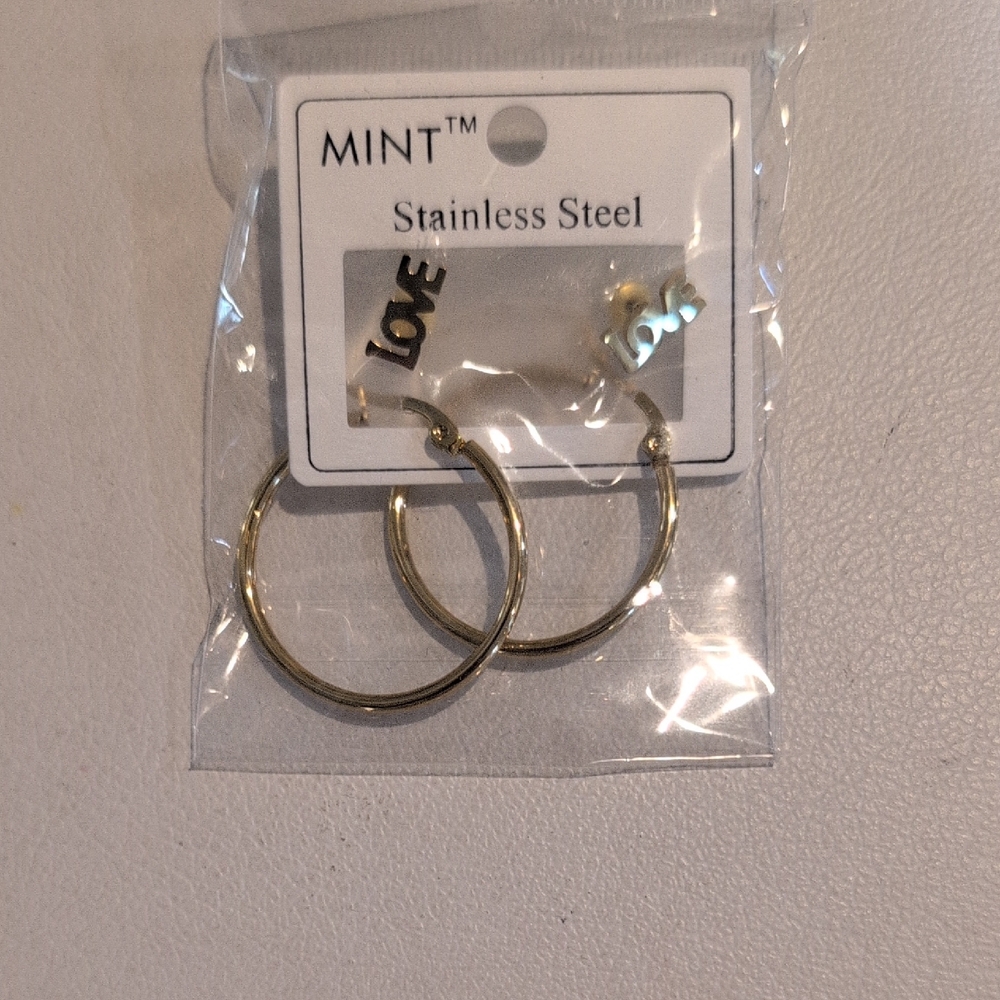 Mint Stainless Steel Gold Tone Pierced Earrings with Love Charm